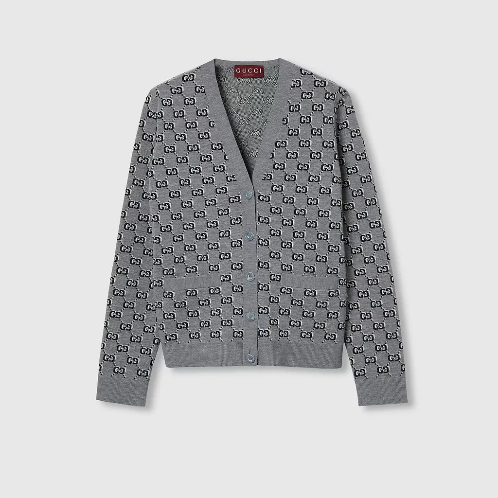 Wool Jacquard Cardigan With Gg Shadow