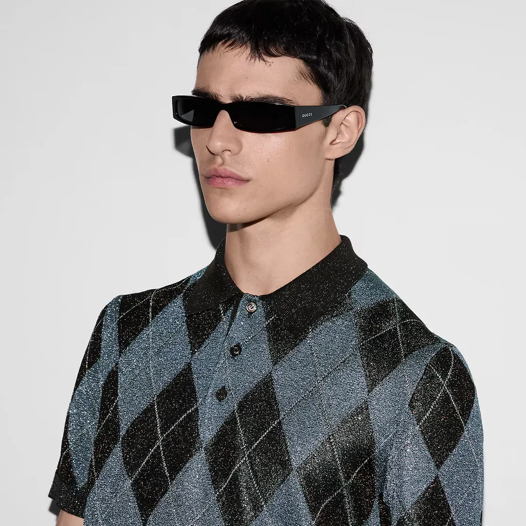 Viscose Lamé Argyle Knit Polo Shirt