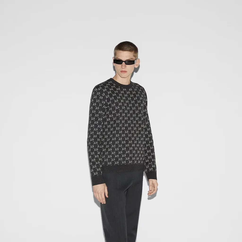 Wool Jacquard Sweater With Gg Shadow