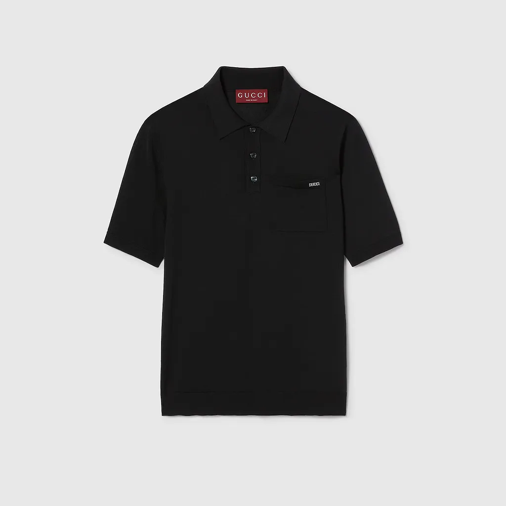 Fine Wool Knit Polo Top With Intarsia