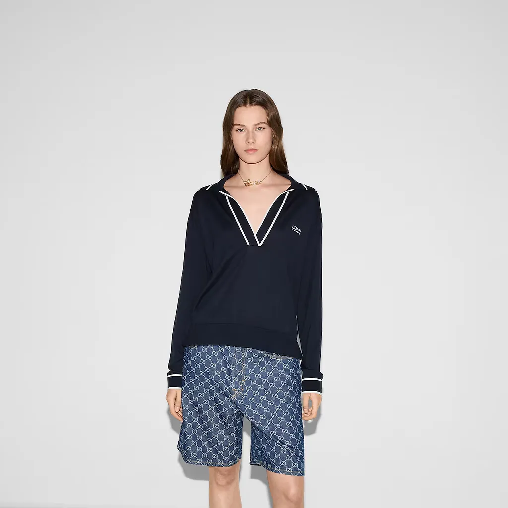 Cotton Polo Top With Gucci Intarsia