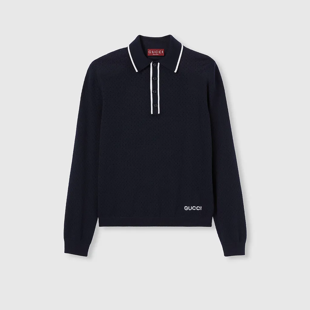 Fine Wool Knit Polo Shirt With Intarsia