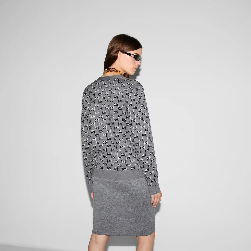 Wool Jacquard Cardigan With Gg Shadow