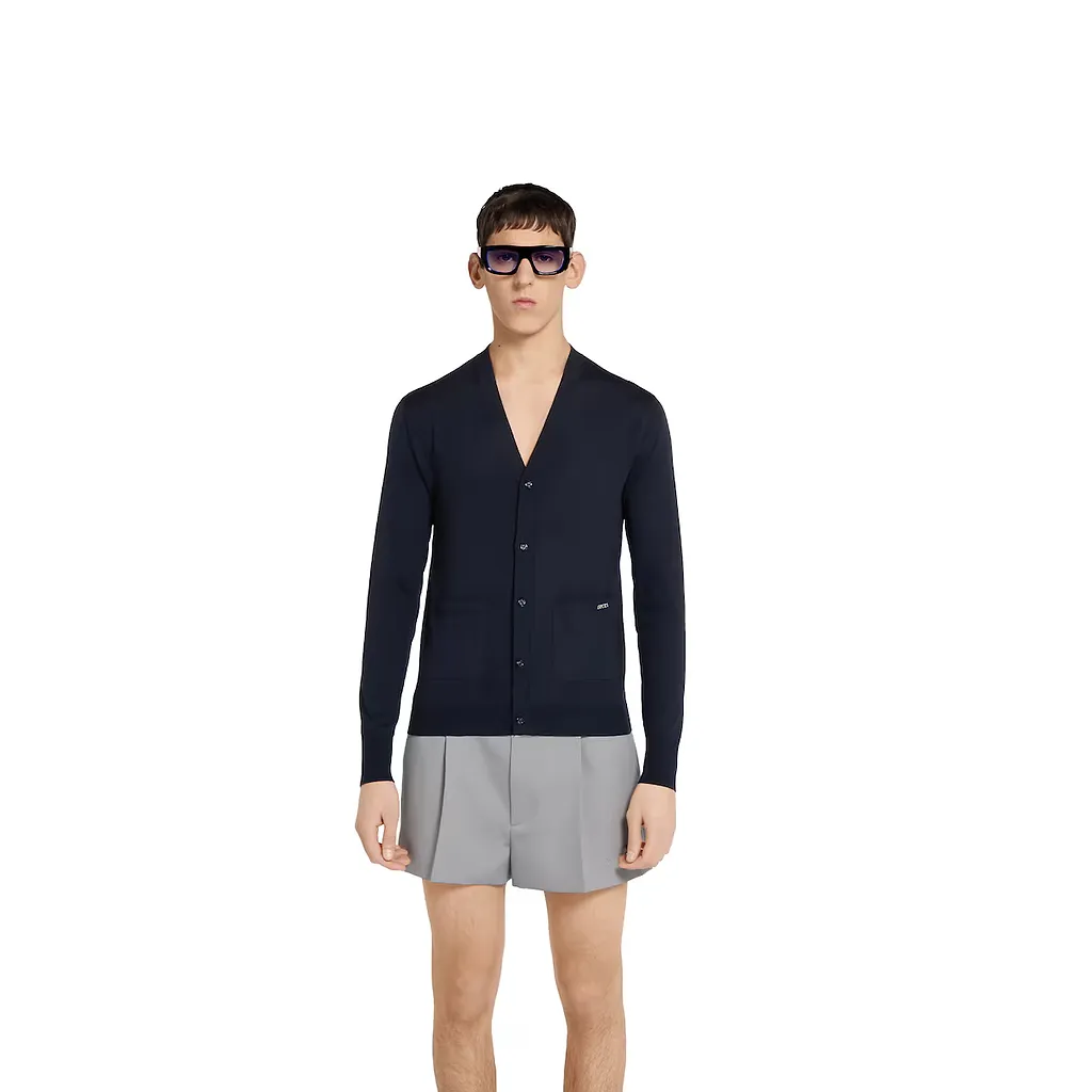 Fine Wool Knit Cardigan With Intarsia