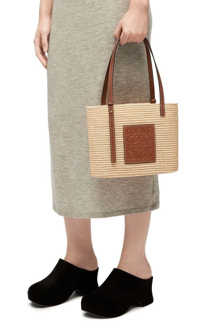 Small Square Basket bag in raffia and calfskin