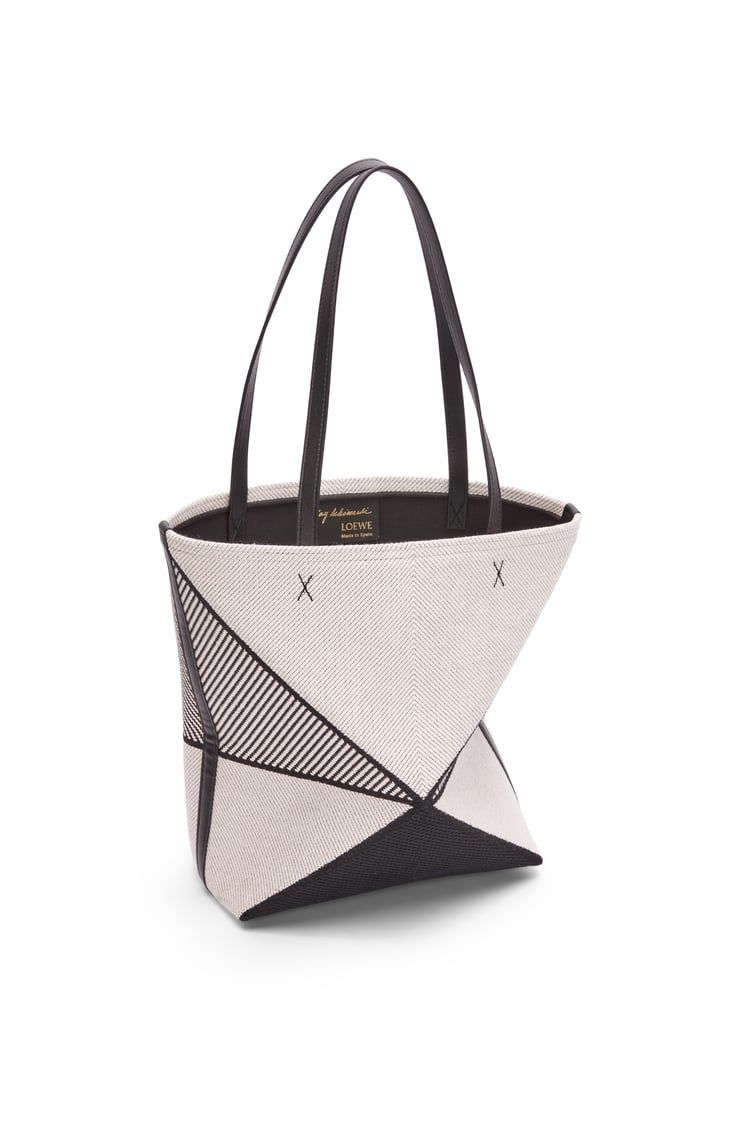 Medium Puzzle Fold tote in canvas jacquard and calfskin