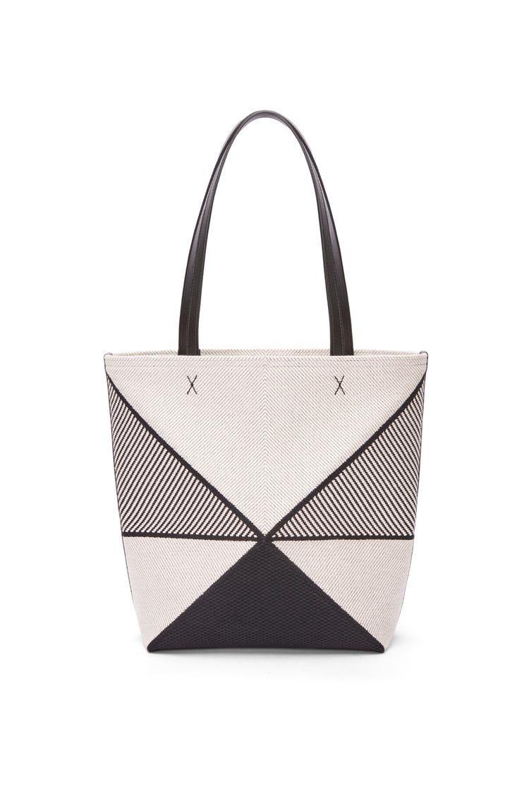 Medium Puzzle Fold tote in canvas jacquard and calfskin
