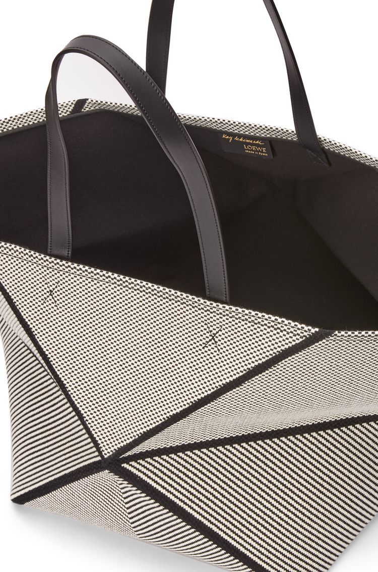 XXL Puzzle Fold tote in canvas jacquard and calfskin