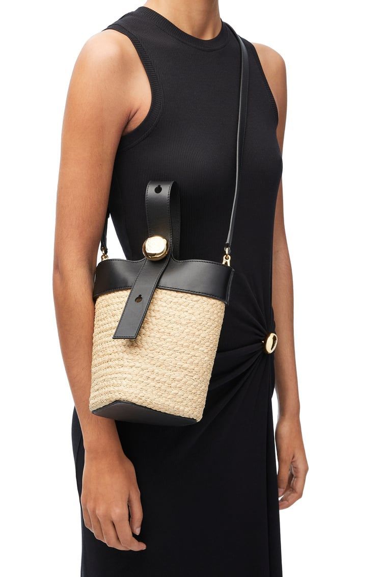 Mini Pebble Bucket bag in raffia and calfskin