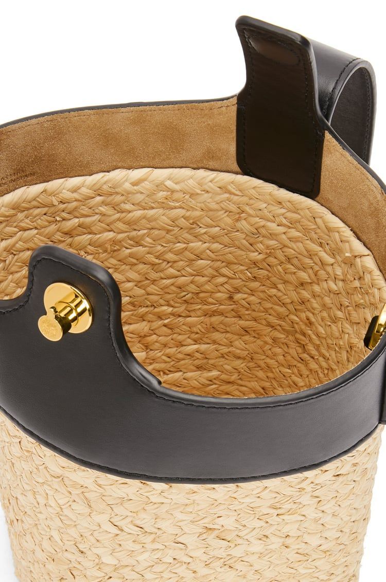 Mini Pebble Bucket bag in raffia and calfskin