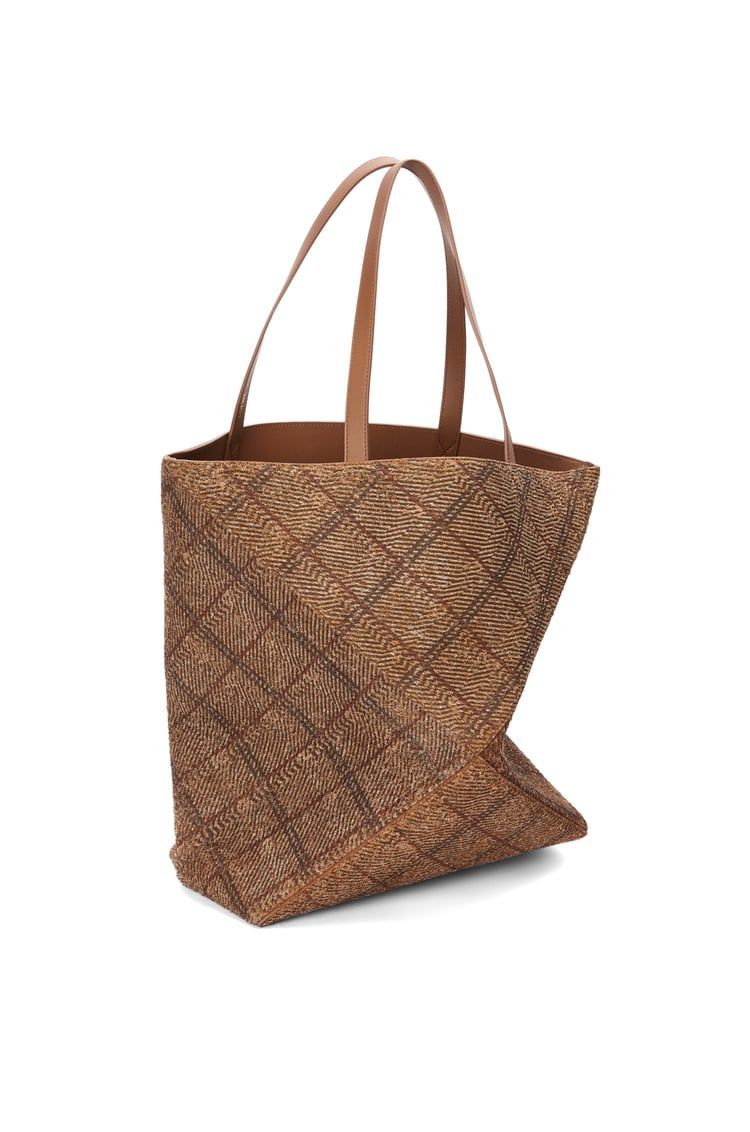 XL Puzzle Fold tote in tartan brushed suede