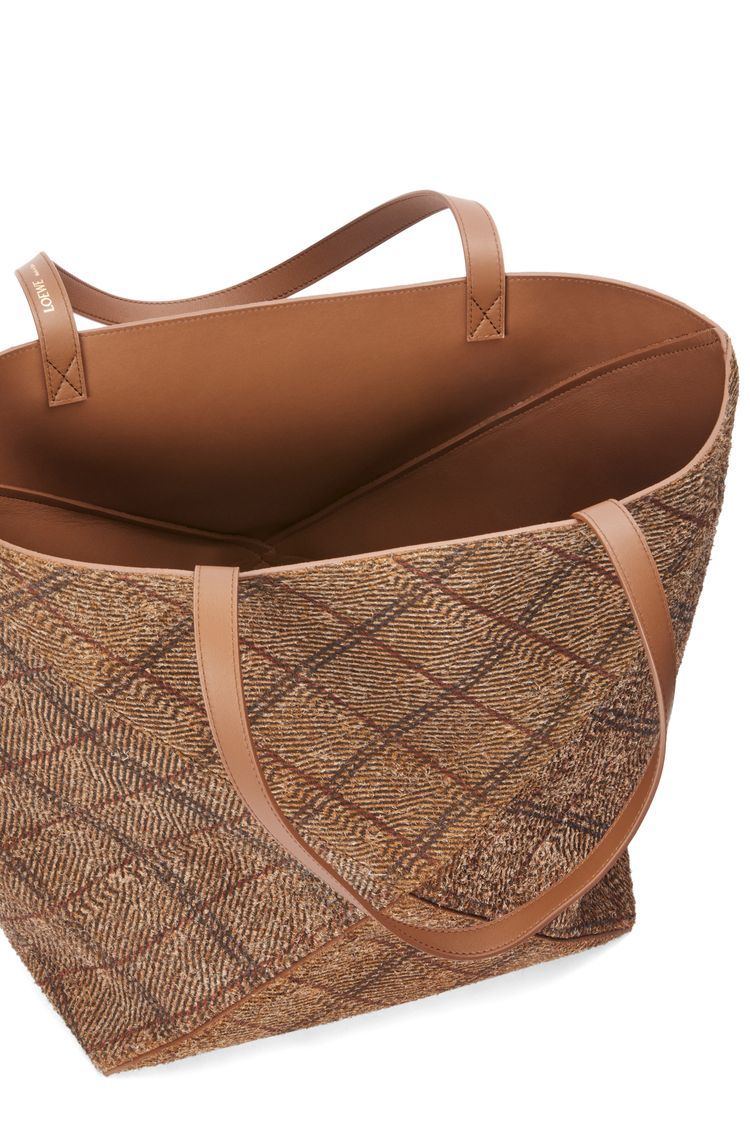 XL Puzzle Fold tote in tartan brushed suede