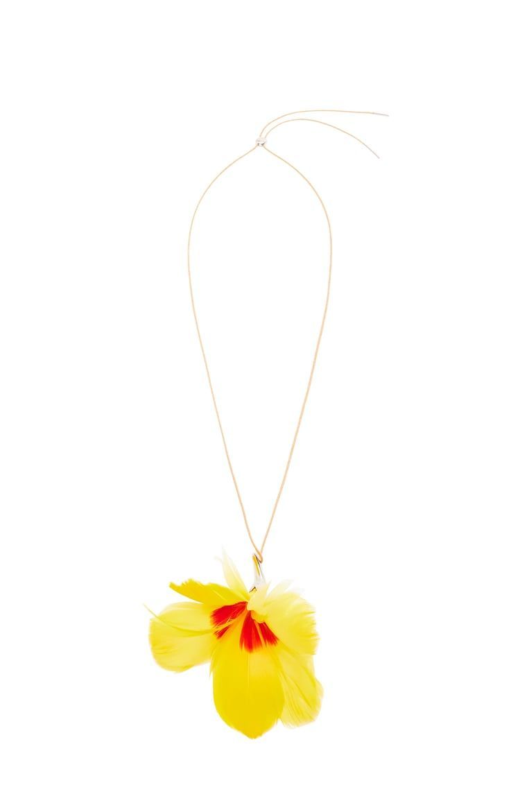 Hibiscus necklace in feathers and brass