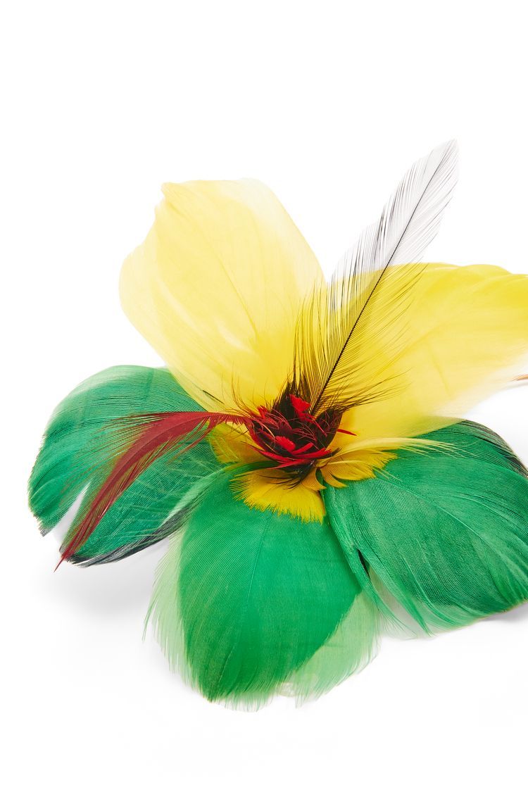 Hibiscus necklace in feathers and brass