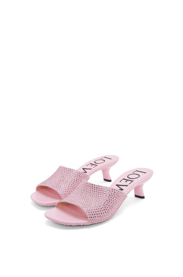 Petal kitten heel slide in suede and allover rhinestones