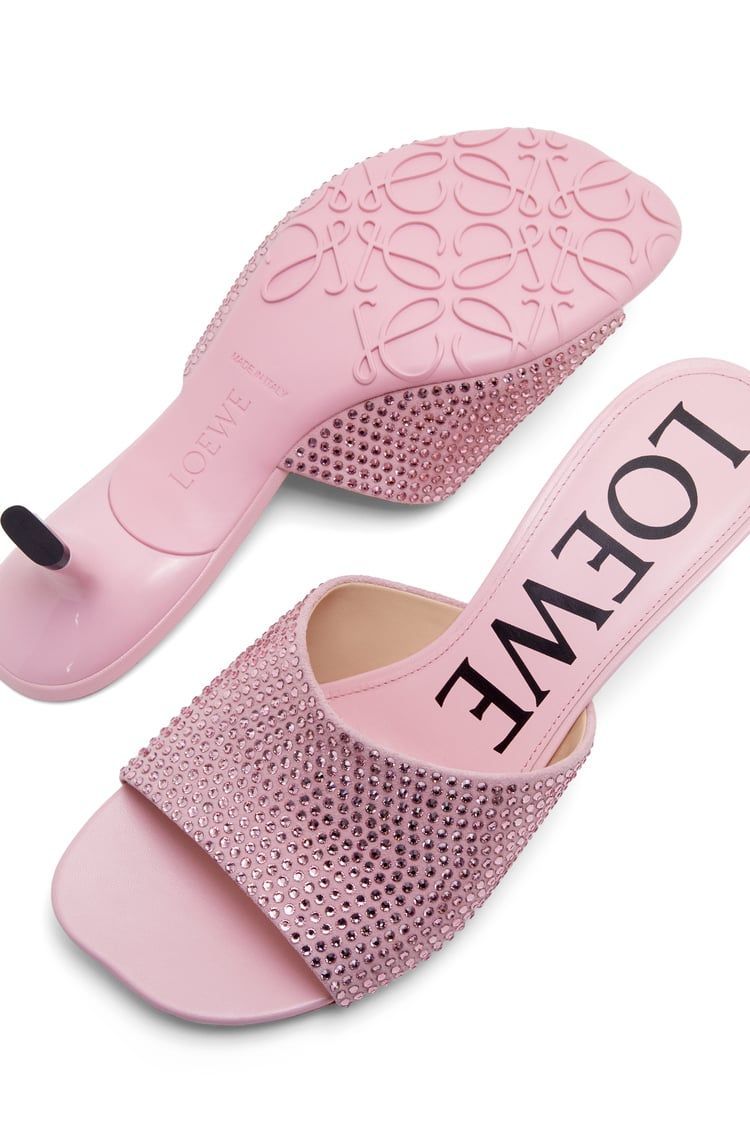 Petal kitten heel slide in suede and allover rhinestones