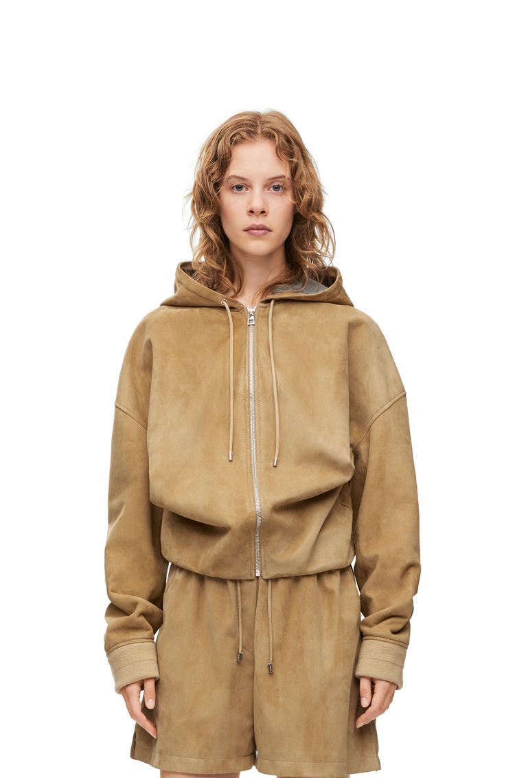 Draped hoodie in suede goatskin