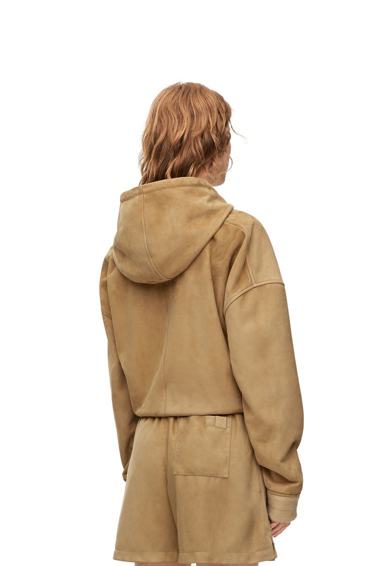 Draped hoodie in suede goatskin