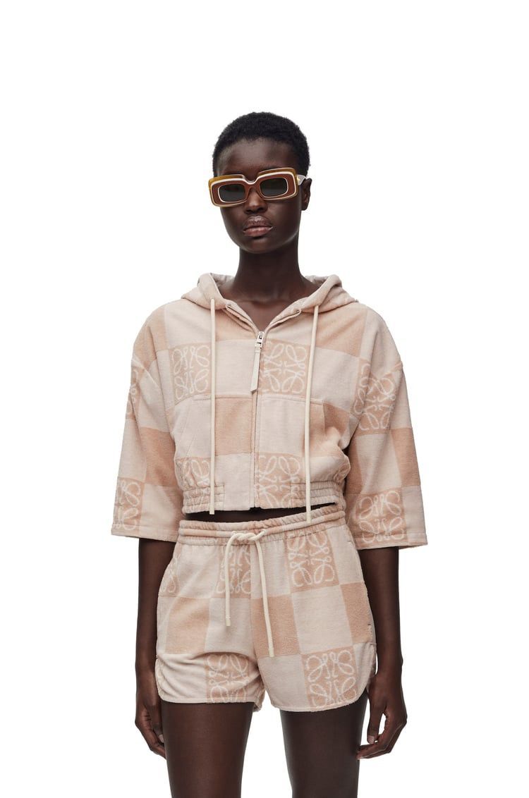 Cropped hoodie in terry cotton jacquard