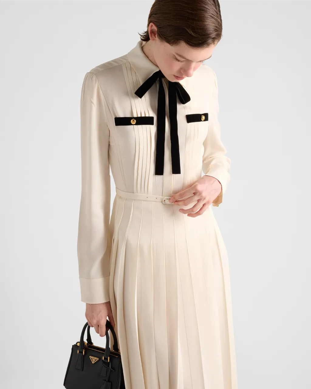Long Pleated Satin Sablé Dress