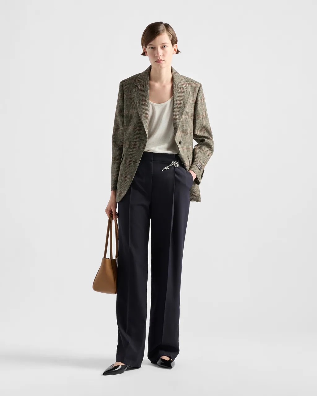 Old-Wash Gabardine Pants With Jeweled Brooch