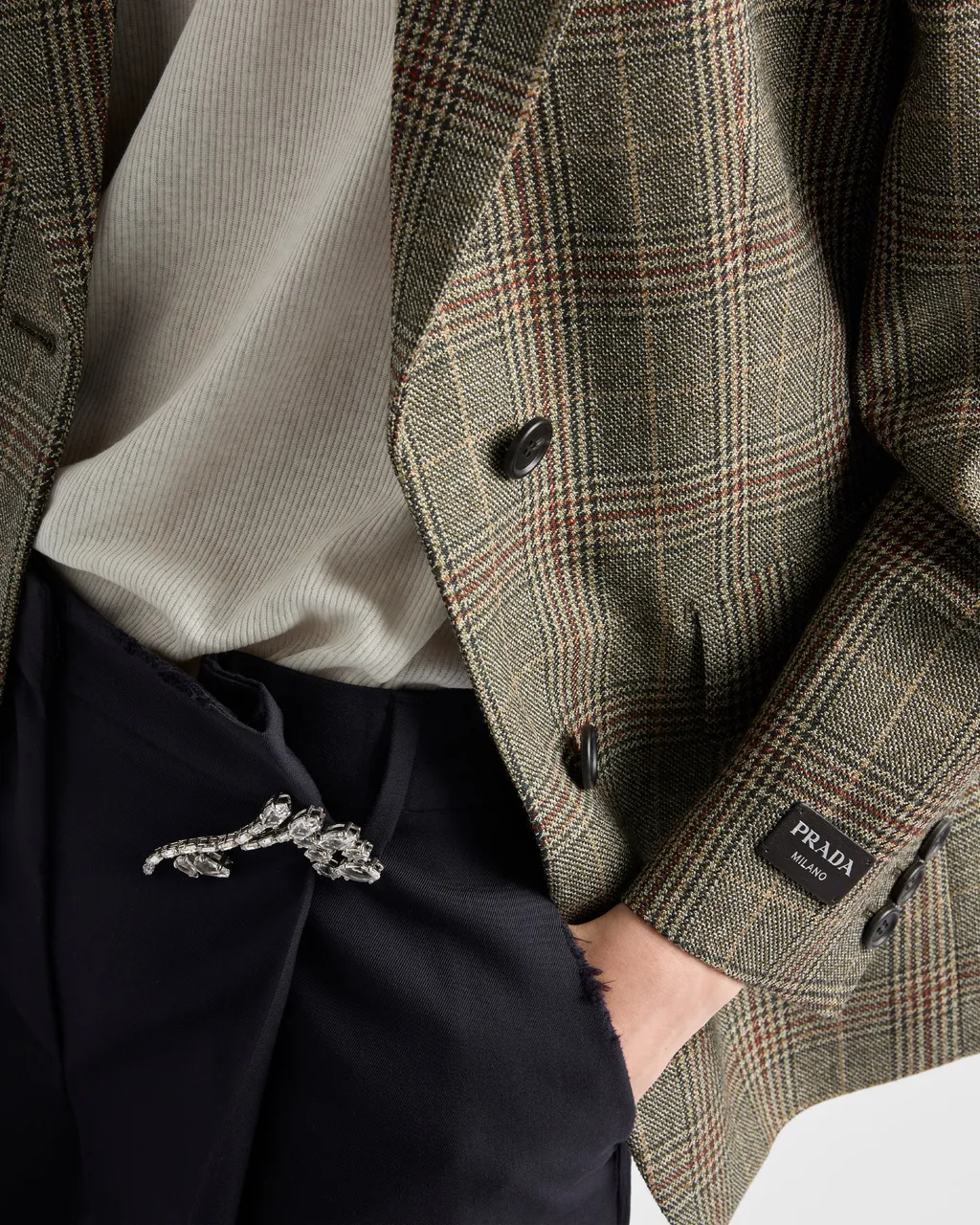 Old-Wash Gabardine Pants With Jeweled Brooch