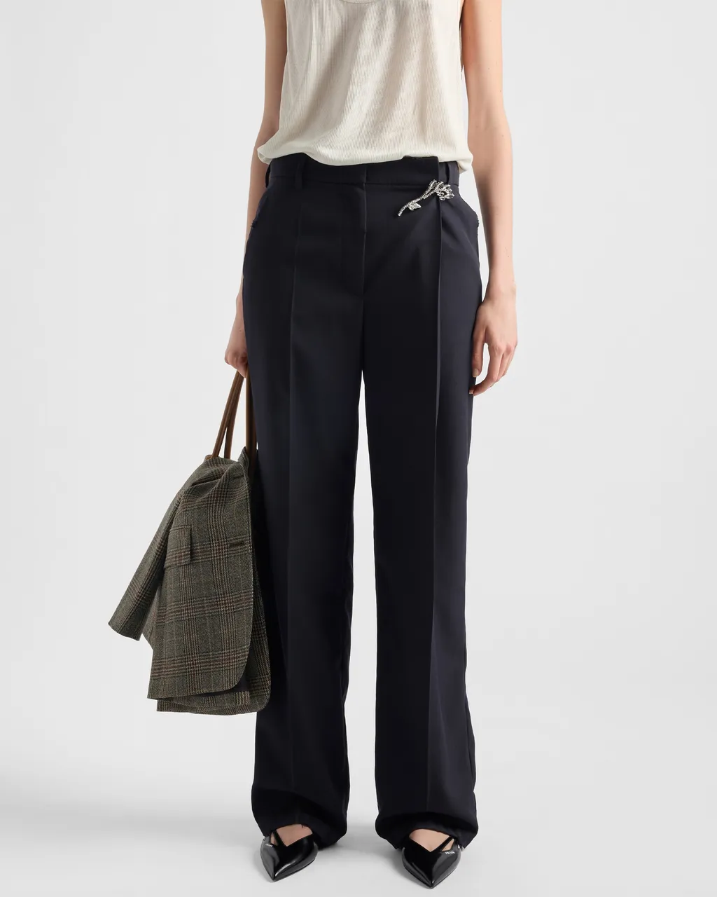Old-Wash Gabardine Pants With Jeweled Brooch
