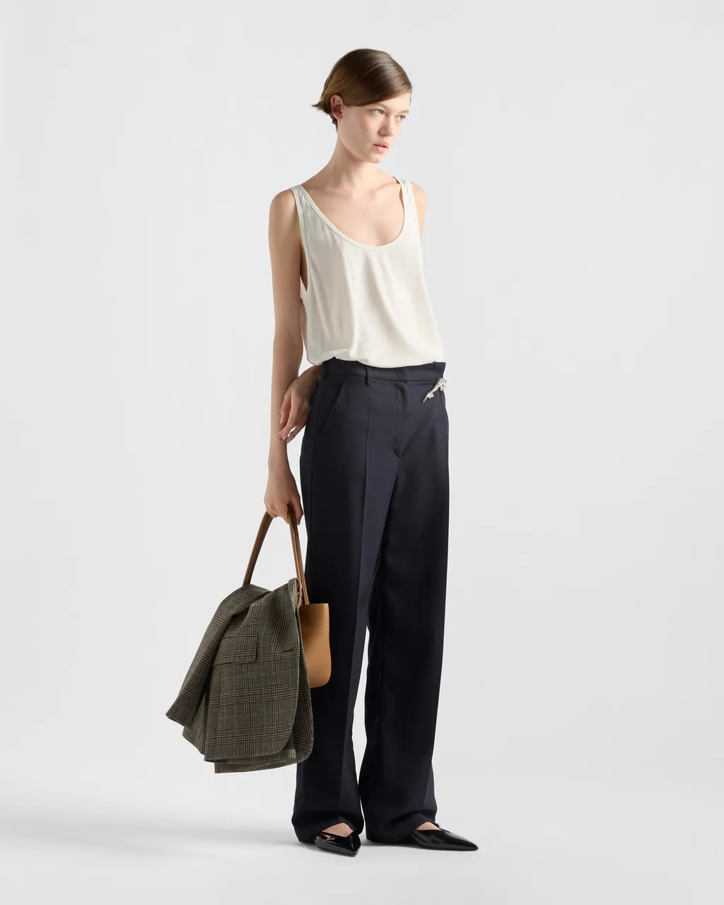 Old-Wash Gabardine Pants With Jeweled Brooch