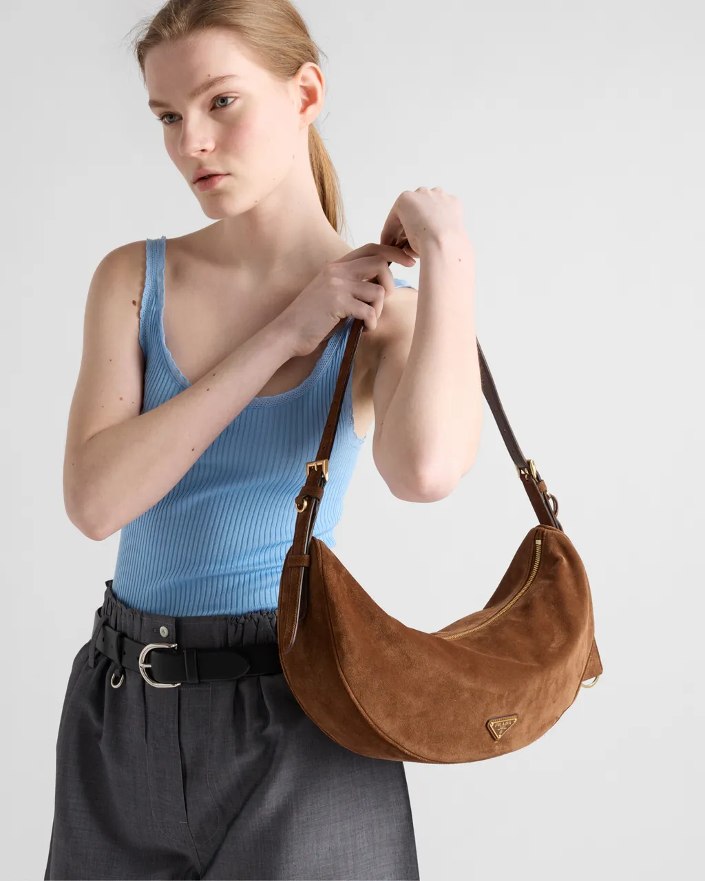 Prada Demi-Lune Large Suede Shoulder Bag