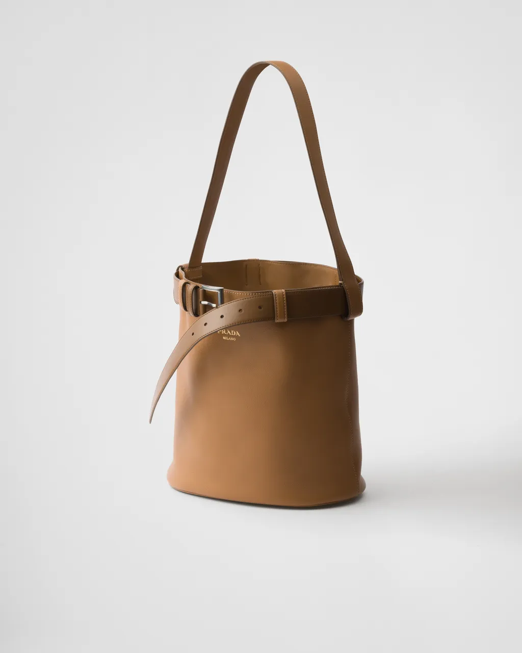 Prada Buckle Leather Bucket Bag With Belt