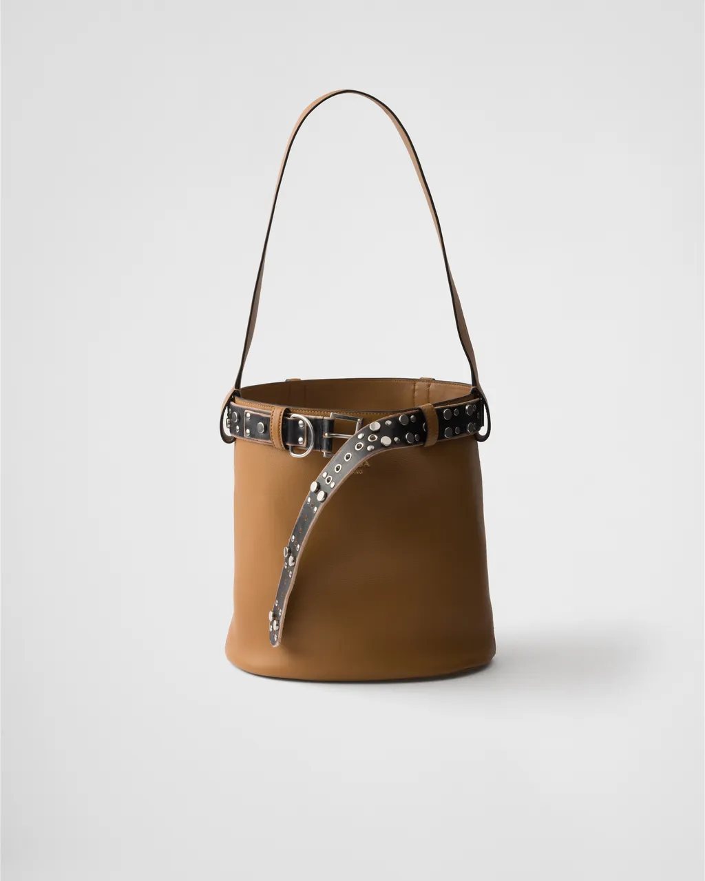 Prada Buckle Leather Bucket Bag With Studded Belt