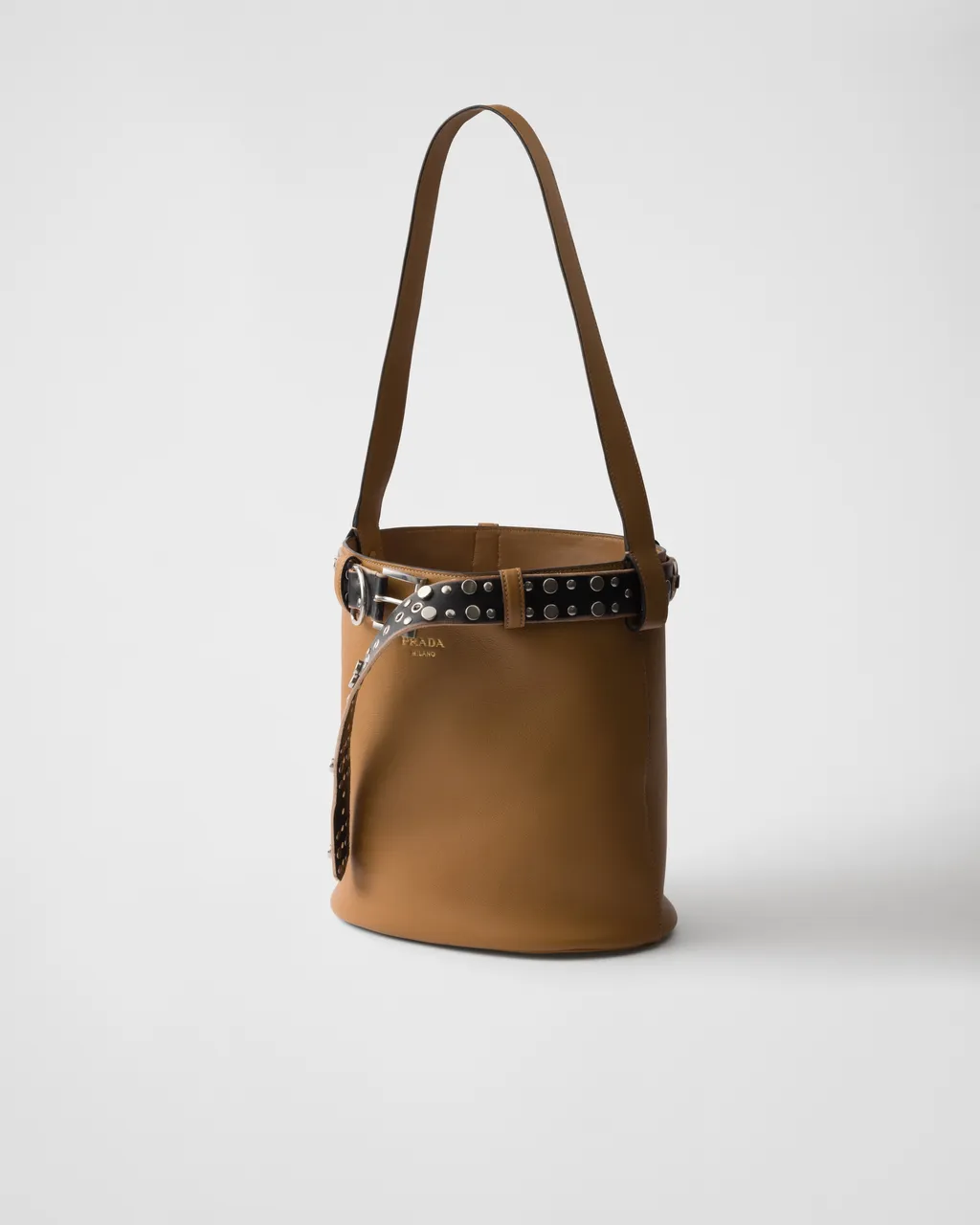 Prada Buckle Leather Bucket Bag With Studded Belt