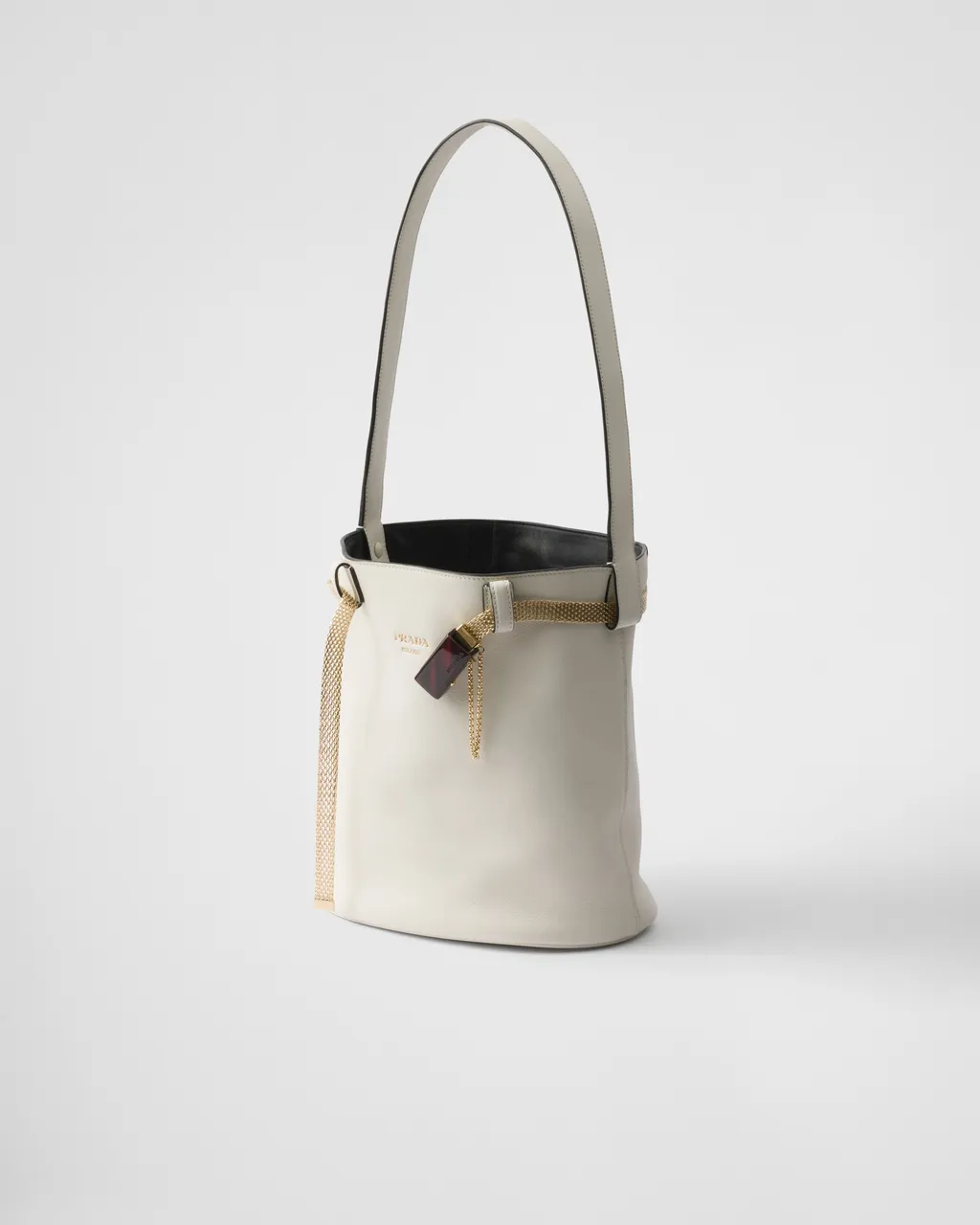 Prada Buckle Leather Bucket Bag With Jeweled Belt