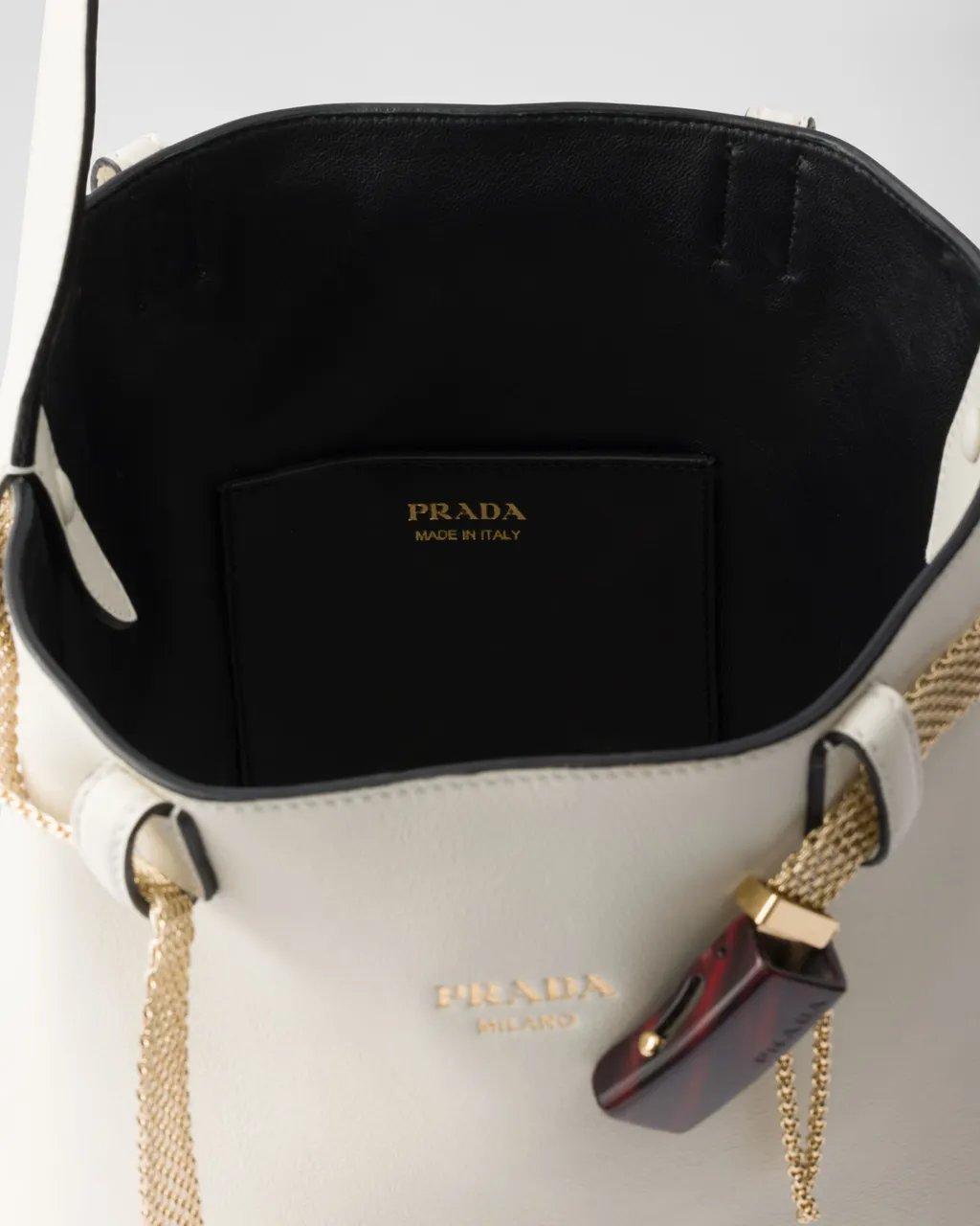 Prada Buckle Leather Bucket Bag With Jeweled Belt