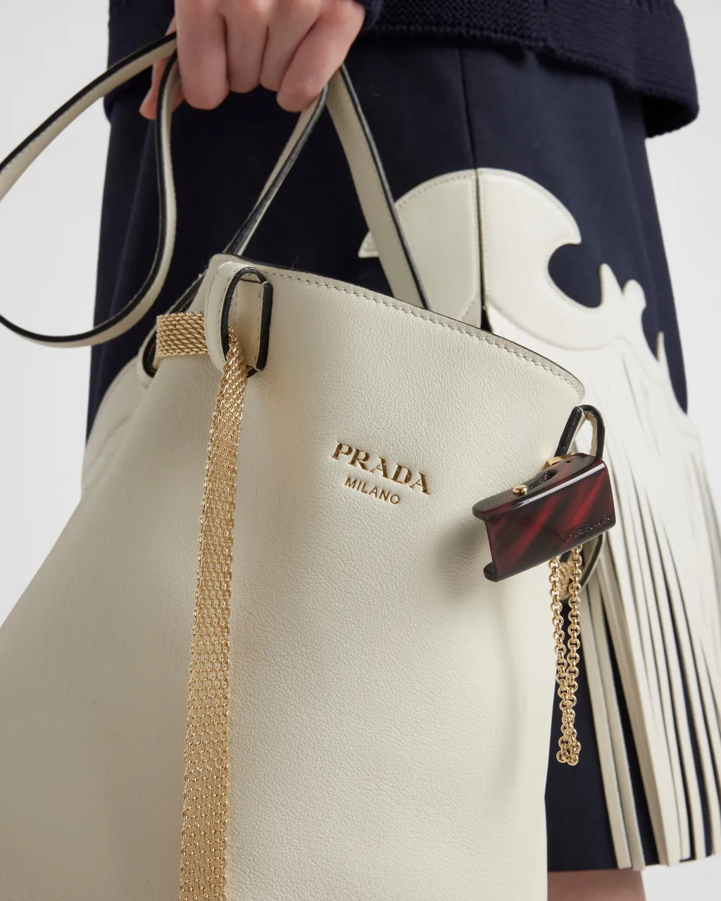 Prada Buckle Leather Bucket Bag With Jeweled Belt
