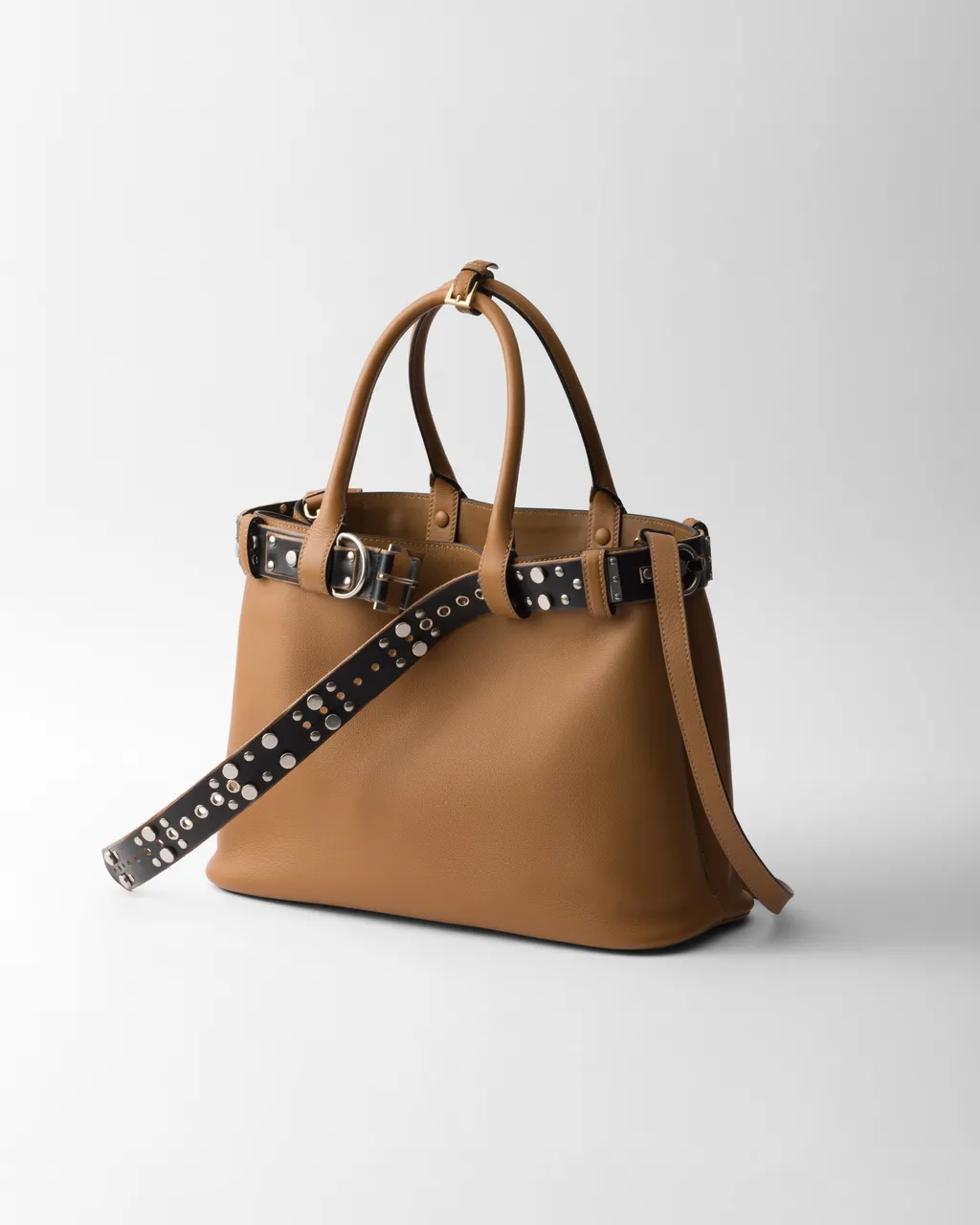 Large Prada Buckle Leather Bag With Studded Belt