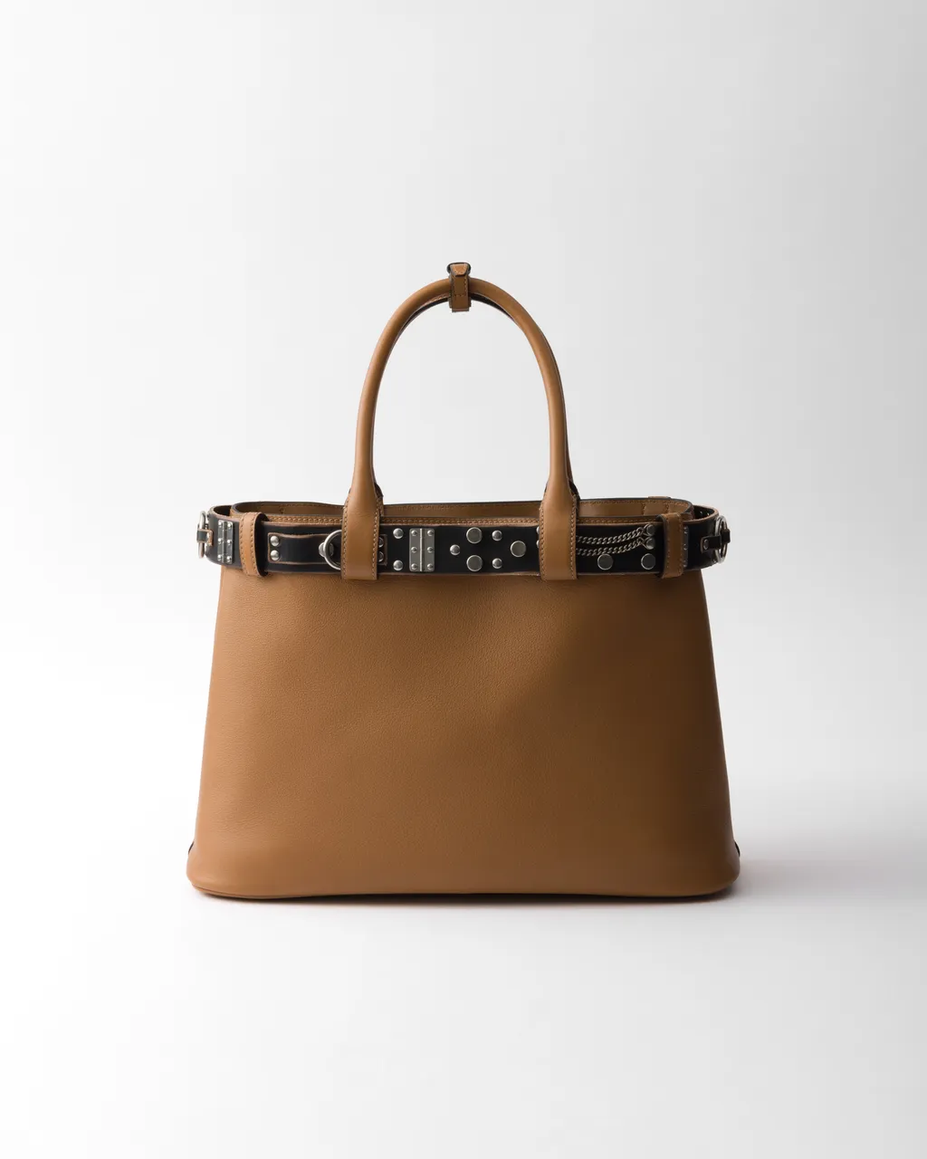 Large Prada Buckle Leather Bag With Studded Belt