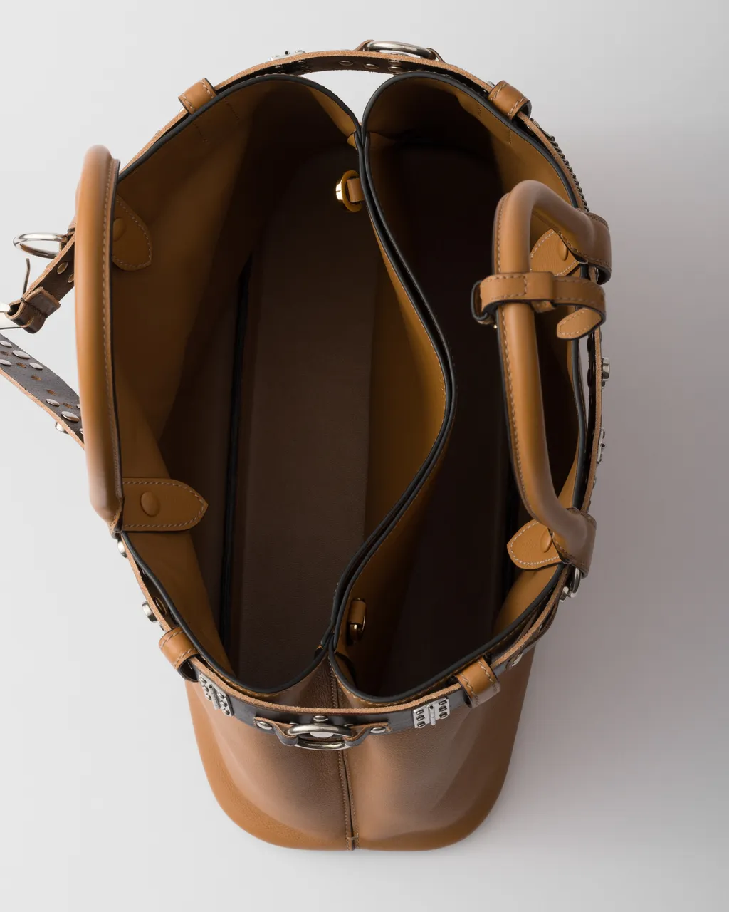 Large Prada Buckle Leather Bag With Studded Belt