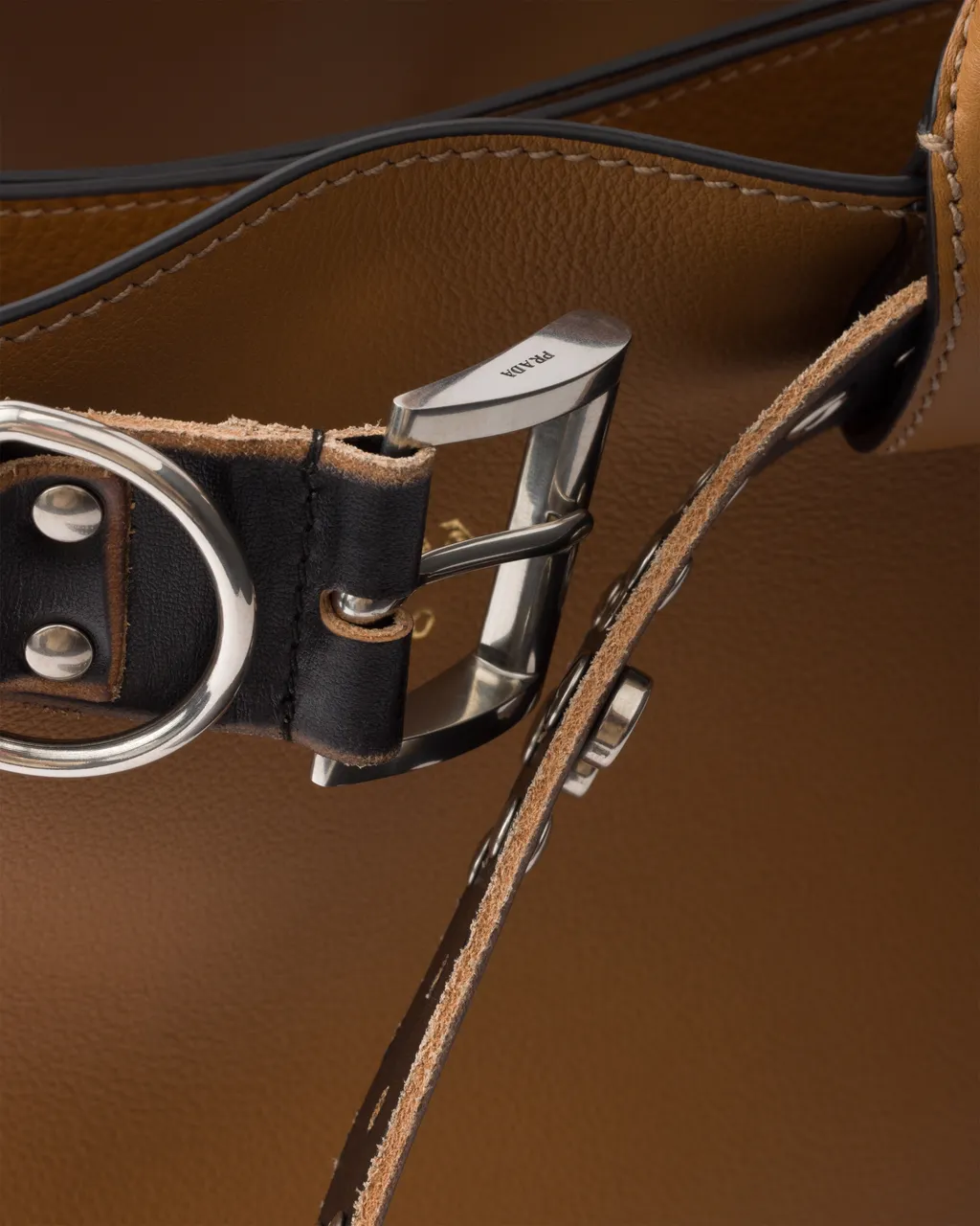 Large Prada Buckle Leather Bag With Studded Belt