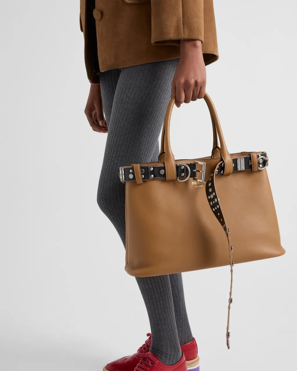 Large Prada Buckle Leather Bag With Studded Belt