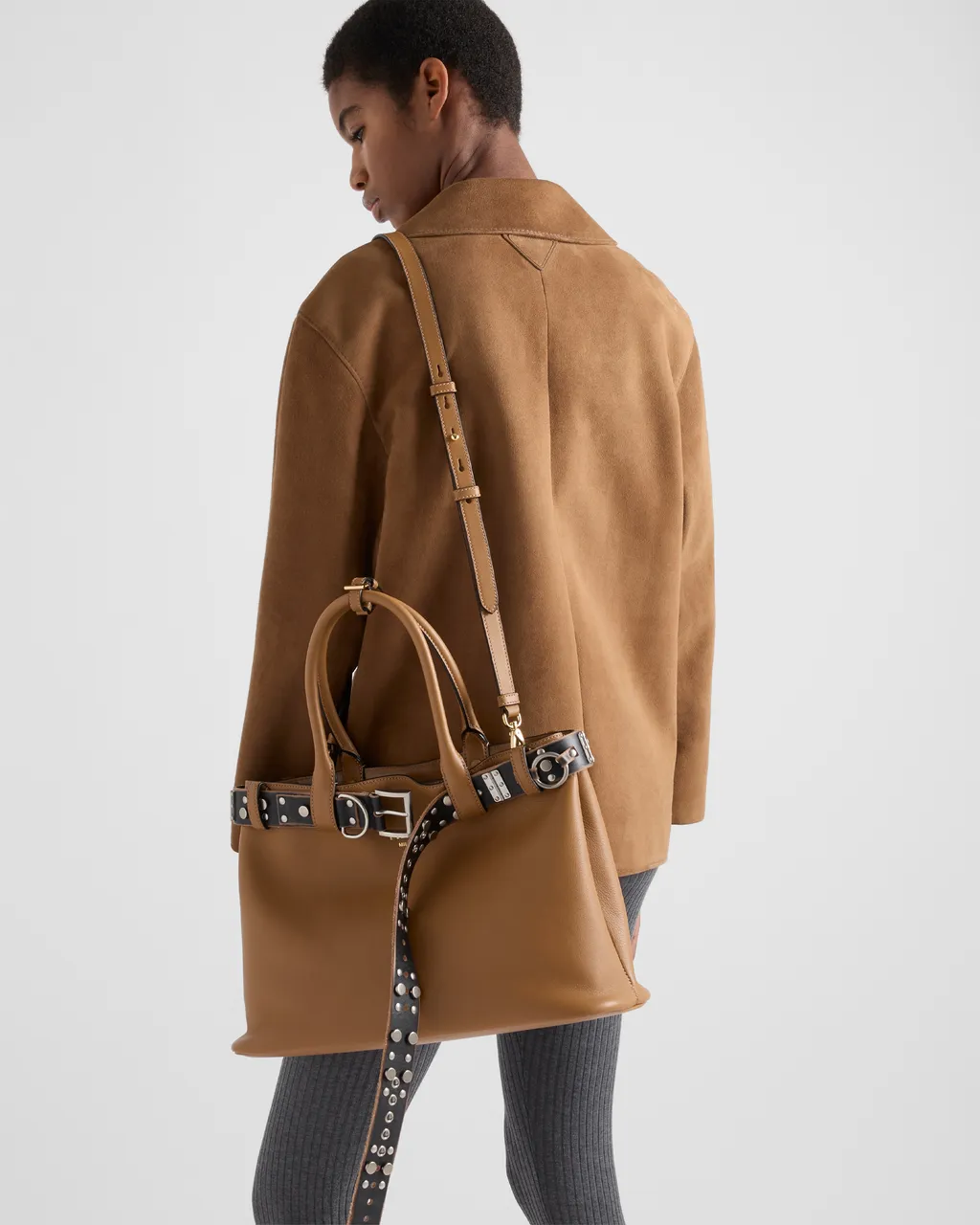 Large Prada Buckle Leather Bag With Studded Belt