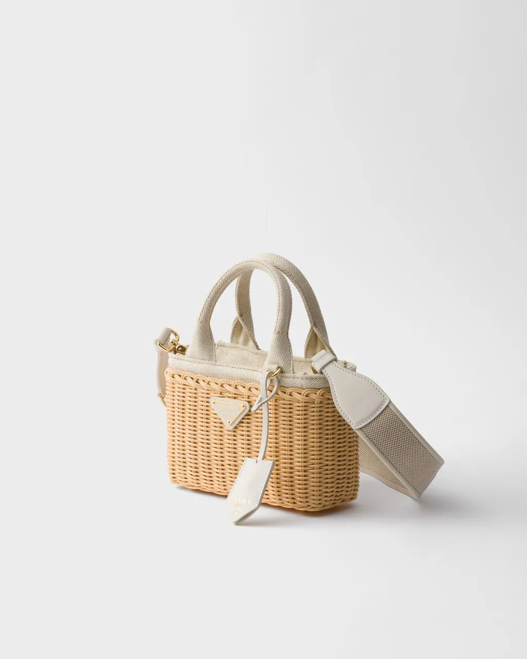 Mini Wicker And Linen Blend Tote Bag