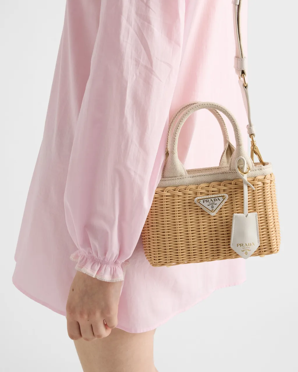 Mini Wicker And Linen Blend Tote Bag