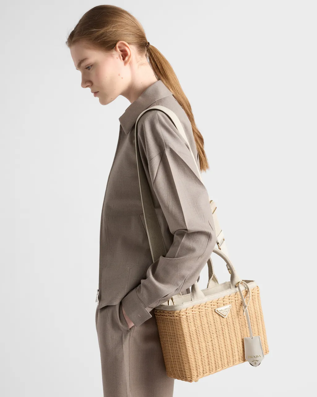 Medium Wicker And Linen Blend Tote Bag