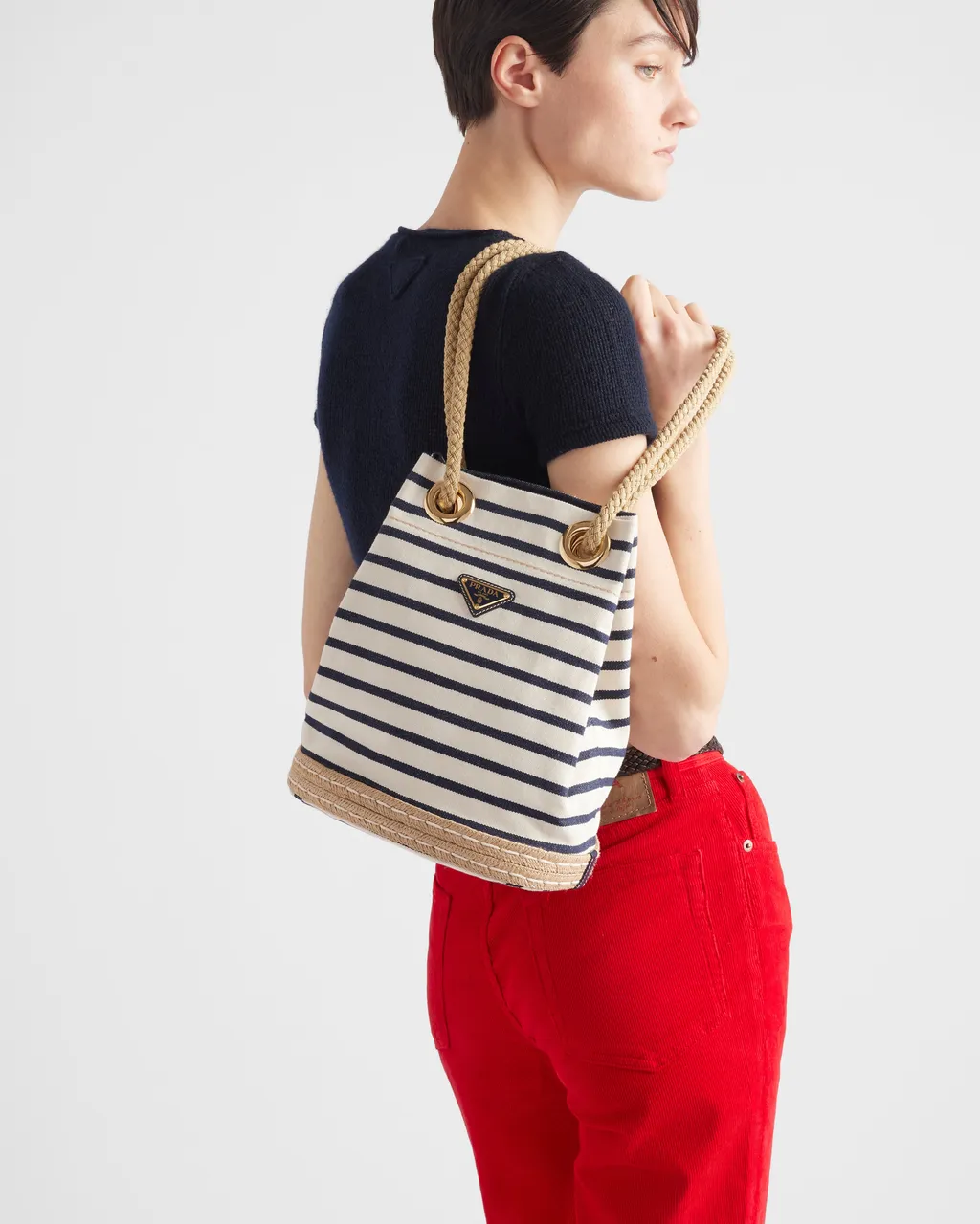Prada Mariner Small Striped Fabric Bucket Bag