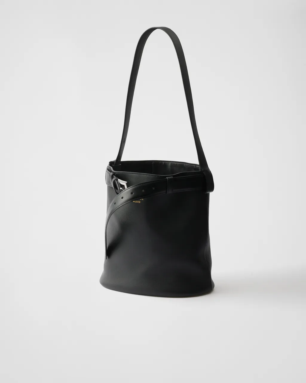 Prada Buckle Leather Bucket Bag With Belt