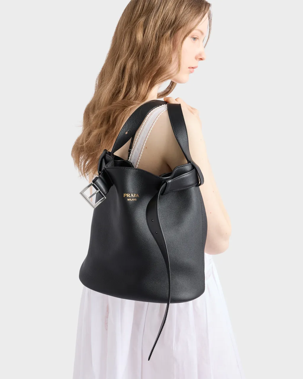 Prada Buckle Leather Bucket Bag With Belt