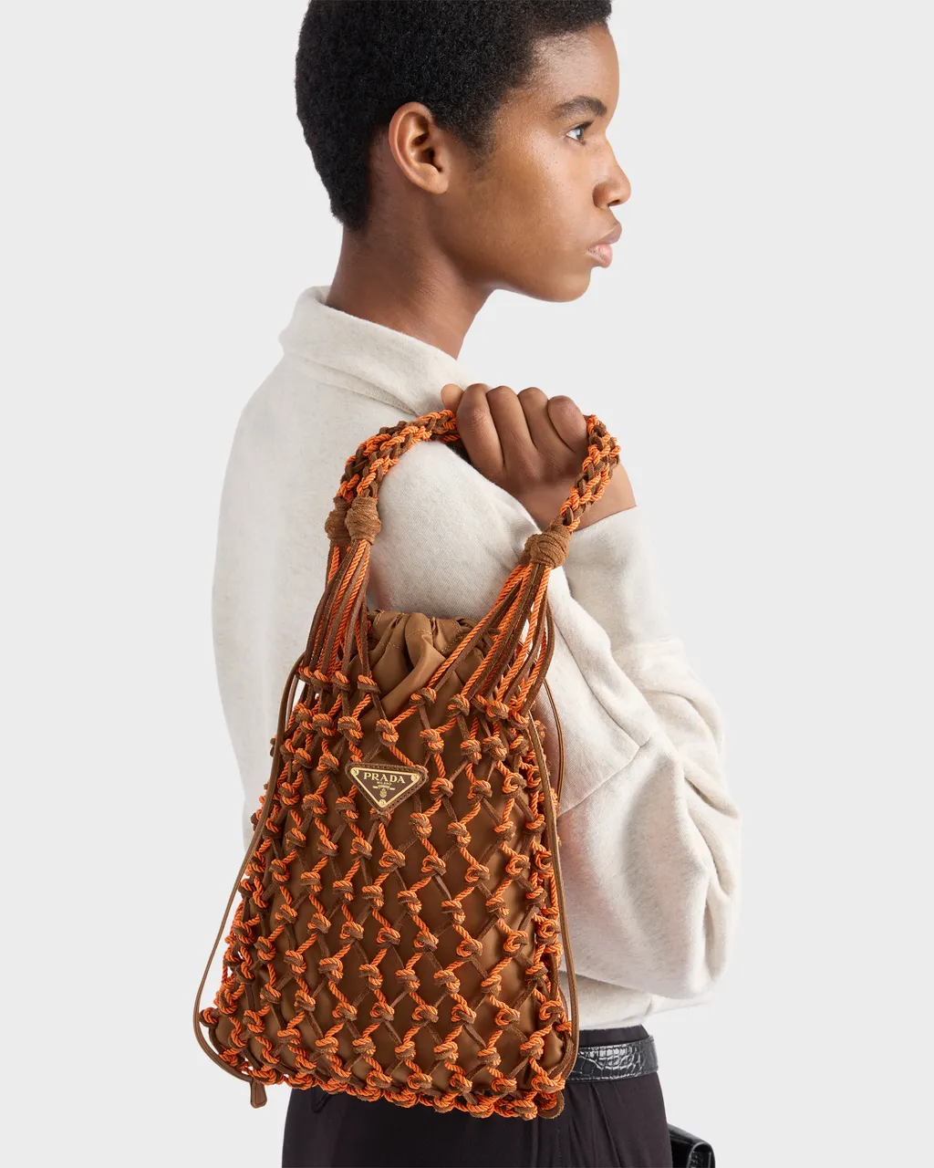 Prada Noué Small Macramé And Suede Bag
