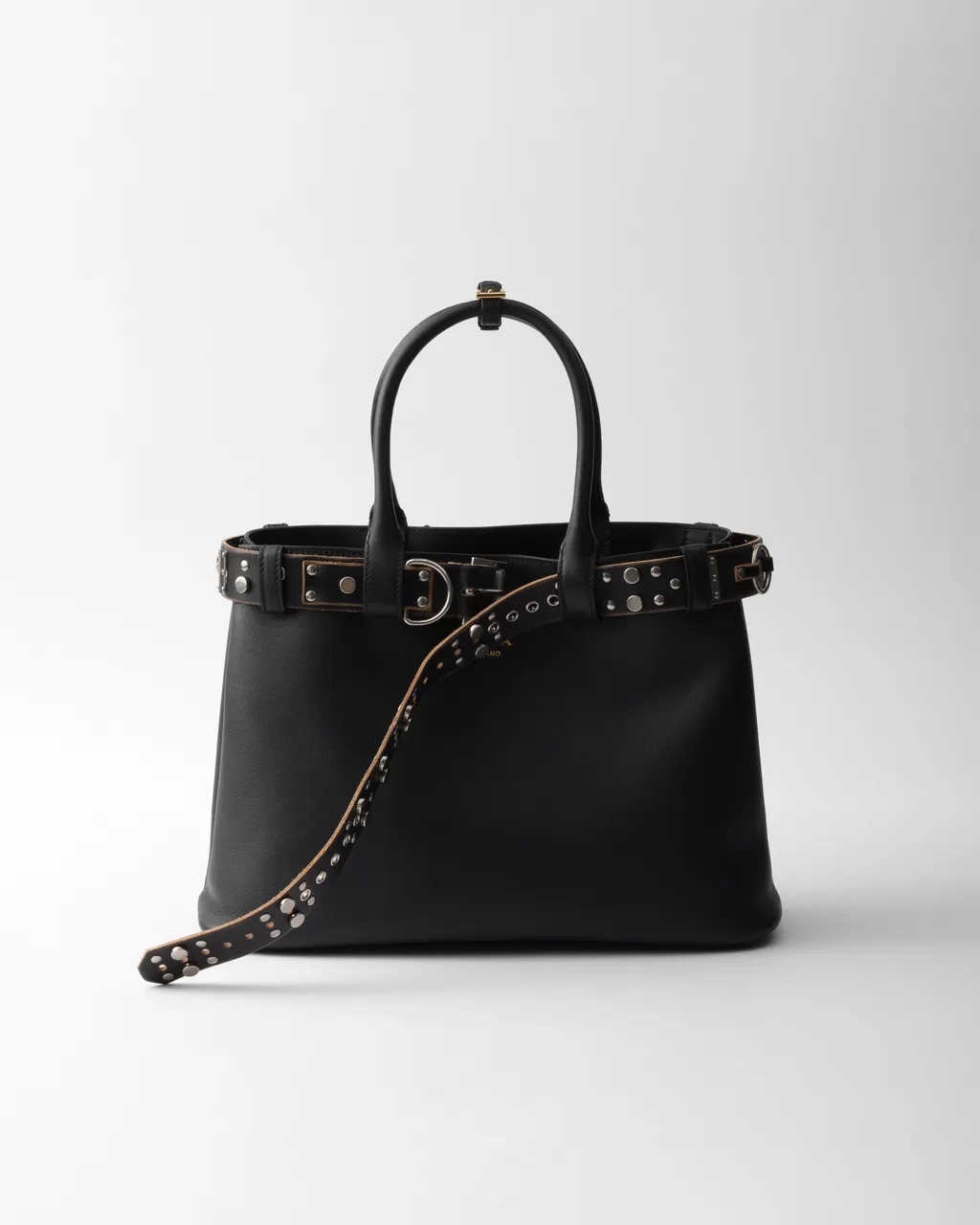 Large Prada Buckle Leather Bag With Studded Belt