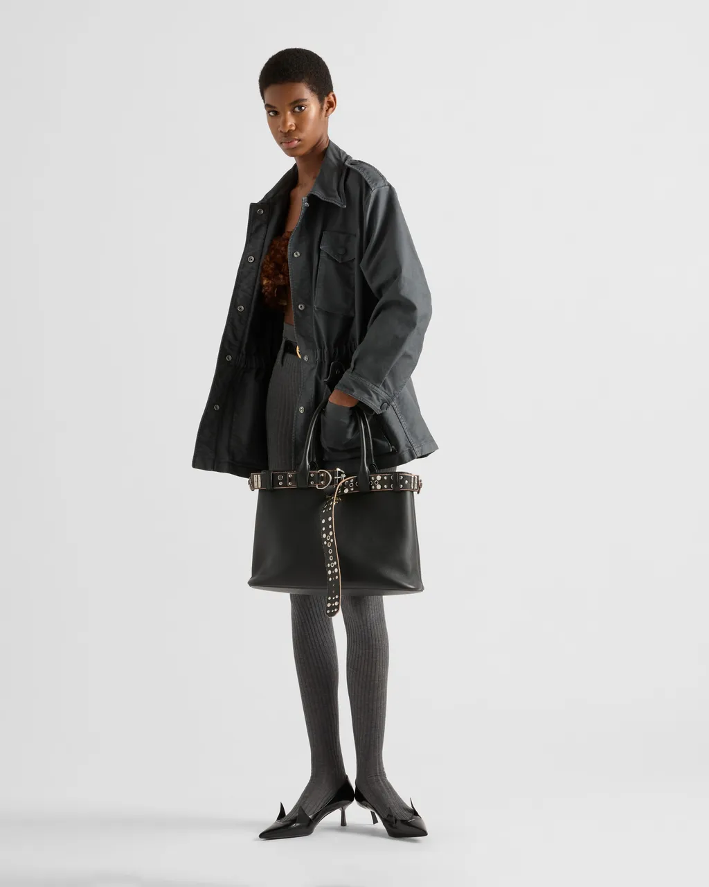 Large Prada Buckle Leather Bag With Studded Belt